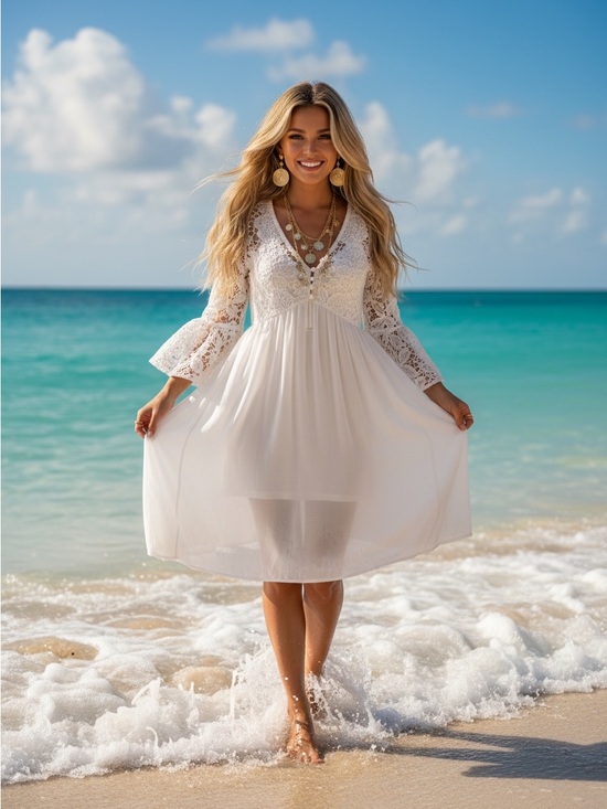 J Gee Dresses & Skirts - White Lace V-Neck Midi Dress